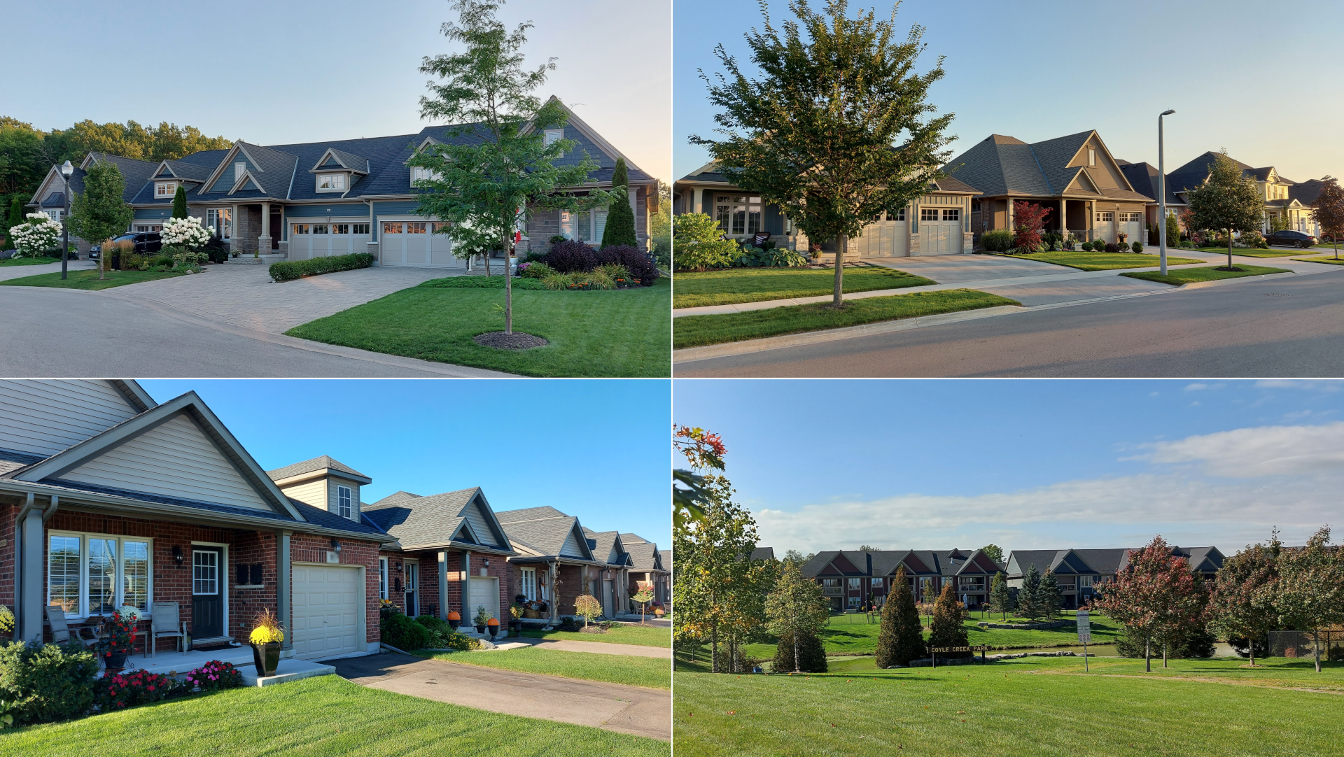 Row of newer townhomes in Coyle Creek, Welland Tree-lined street of detached homes in Coyle Creek Brick townhomes with landscaped front yards in Coyle Creek Newer subdivision street in Coyle Creek, Welland